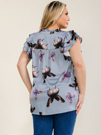 PLUS SIZE SHORT SLEEVE V-NECK RUFFLE BUTTERFLY PRINT BLOUSE