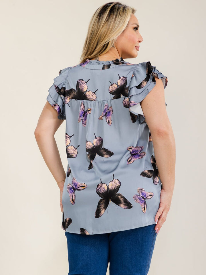 PLUS SIZE SHORT SLEEVE V-NECK RUFFLE BUTTERFLY PRINT BLOUSE