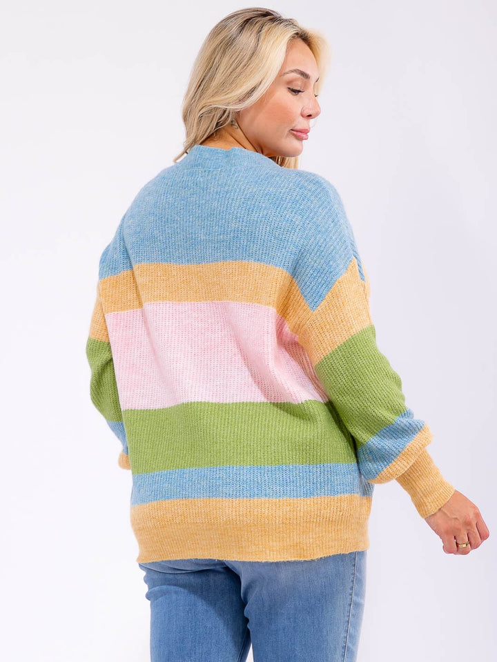 PLUS SIZE LONG SLEEVE V-NECK COLORBLOCK KNIT PULLOVER SWEATER