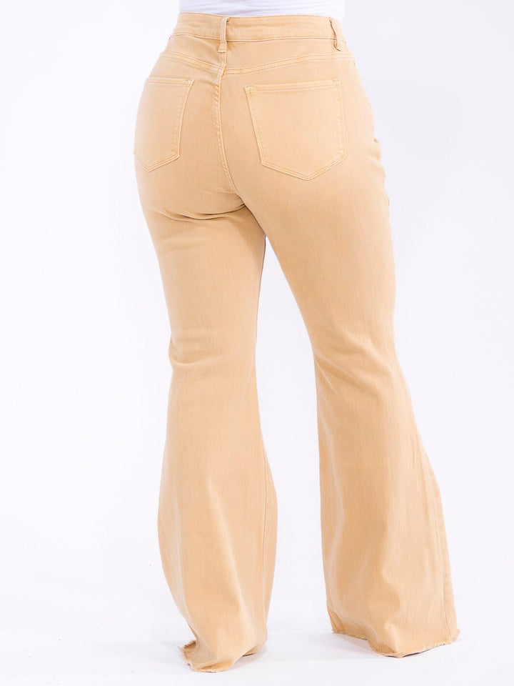 PLUS SIZE BUTTON CLOSURE DISTRESS STRETCH DENIM BELL LEG JEANS