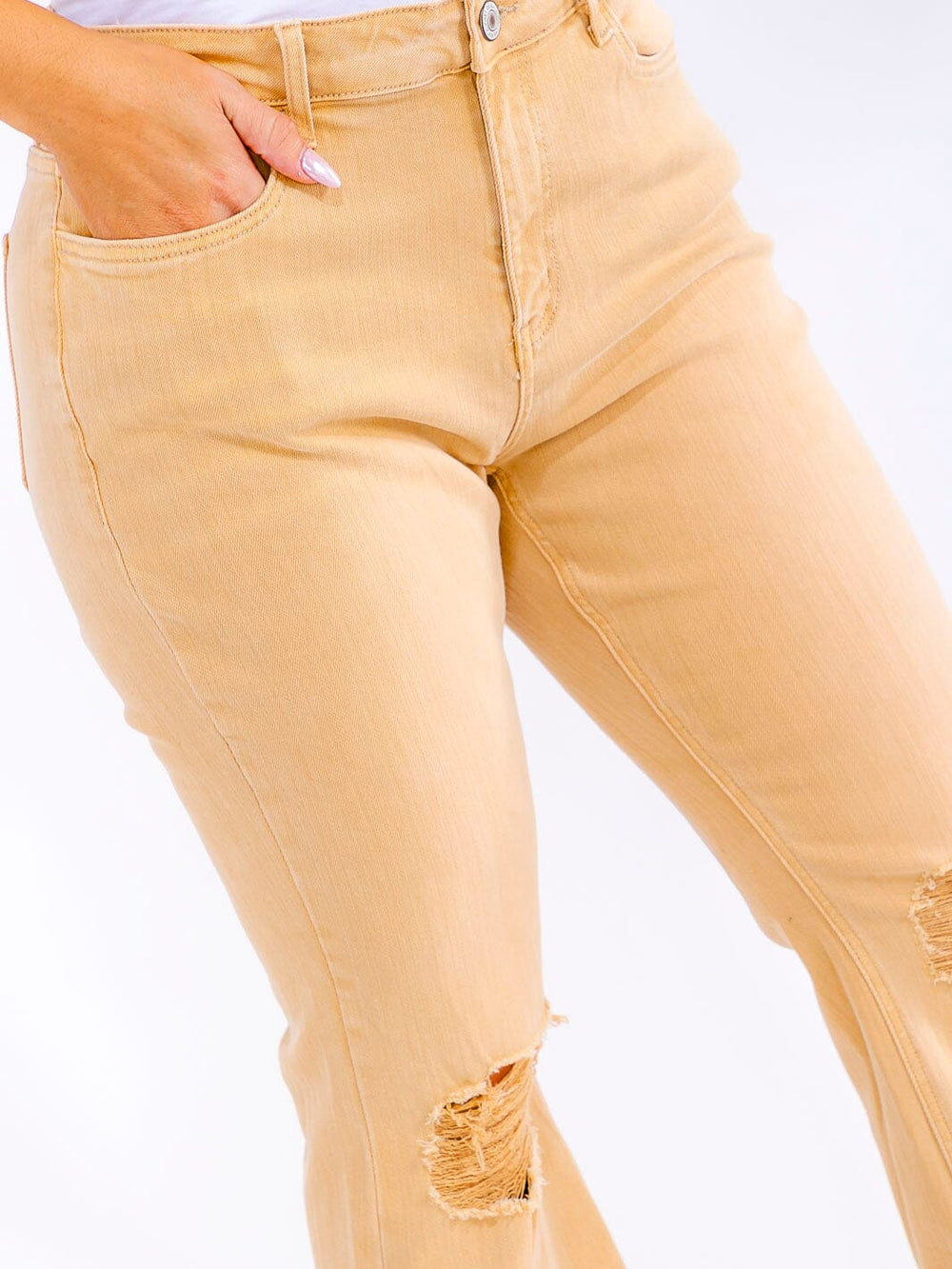 PLUS SIZE BUTTON CLOSURE DISTRESS STRETCH DENIM BELL LEG JEANS