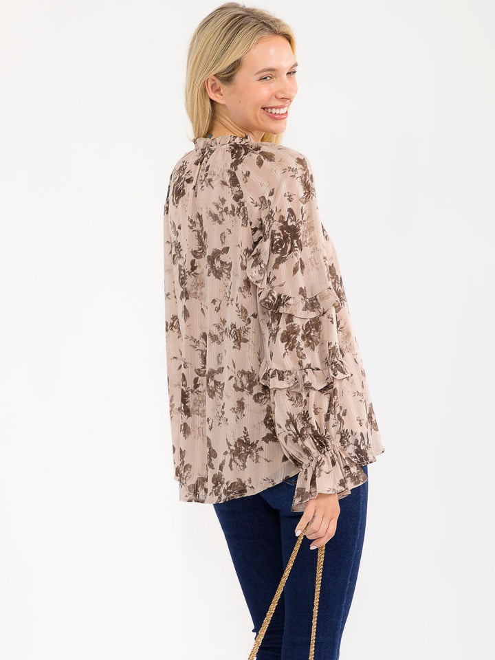 WOMEN'S LONG SLEEVE V-NECK RUFFLE FLORAL PRINT SHIMMER BLOUSE
