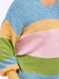 PLUS SIZE LONG SLEEVE V-NECK COLORBLOCK KNIT PULLOVER SWEATER