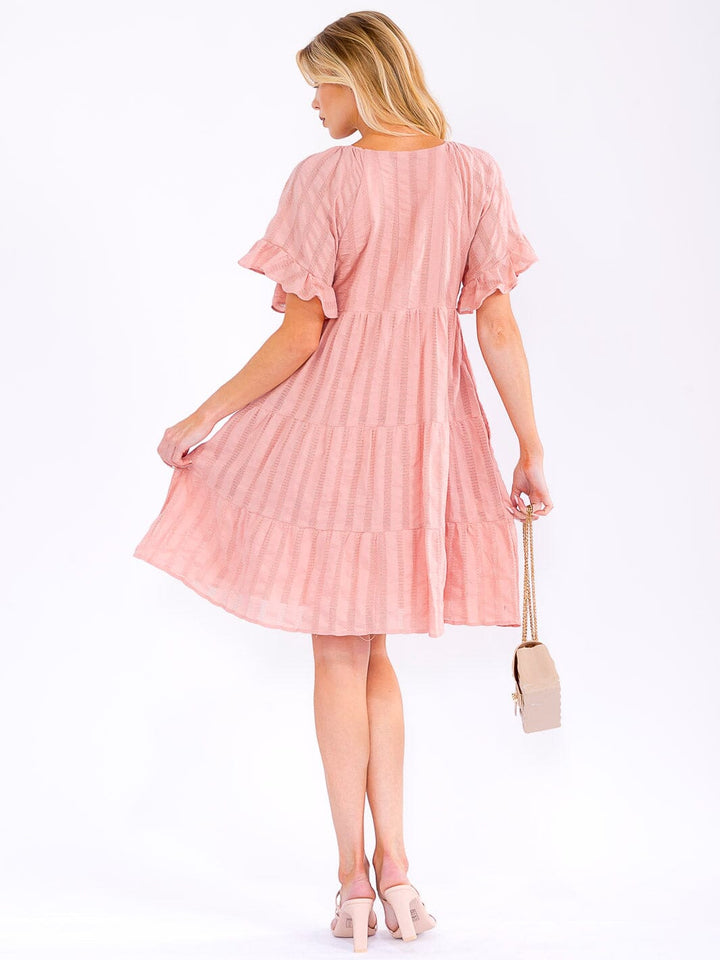 WOMEN'S SHORT RUFFLE SLEEVE FRONT POCKETS LOOSE FIT TIERED MINI DRESS