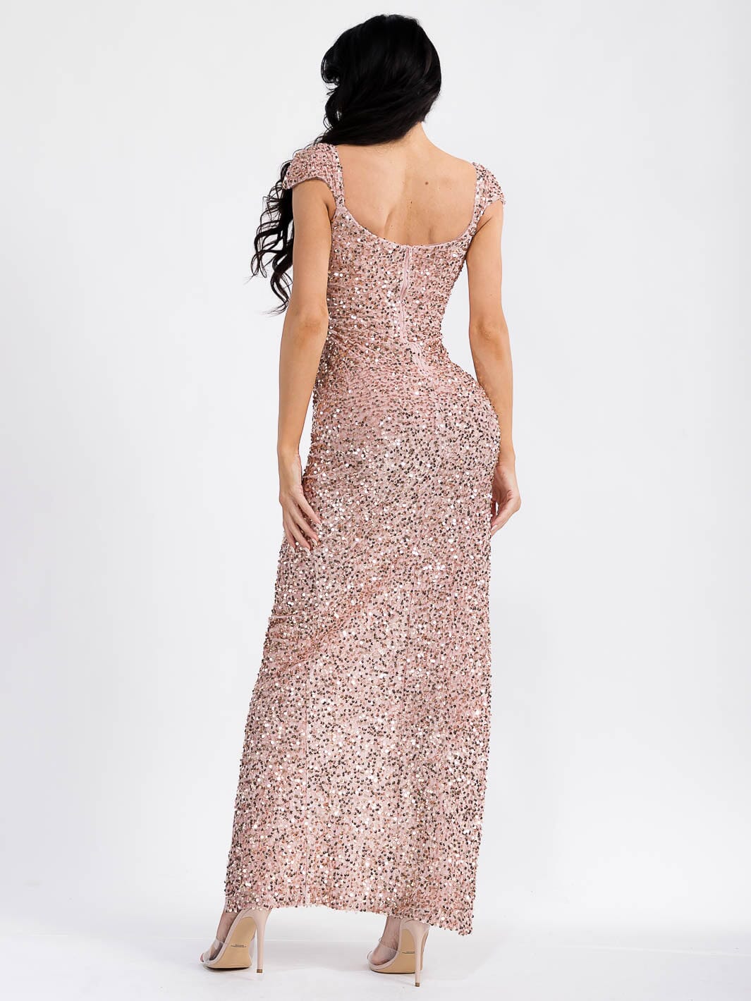WOMEN'S SLEEVELESS V-NECK SIDE SLIT SEQUINS BODYCON MAXI DRESS