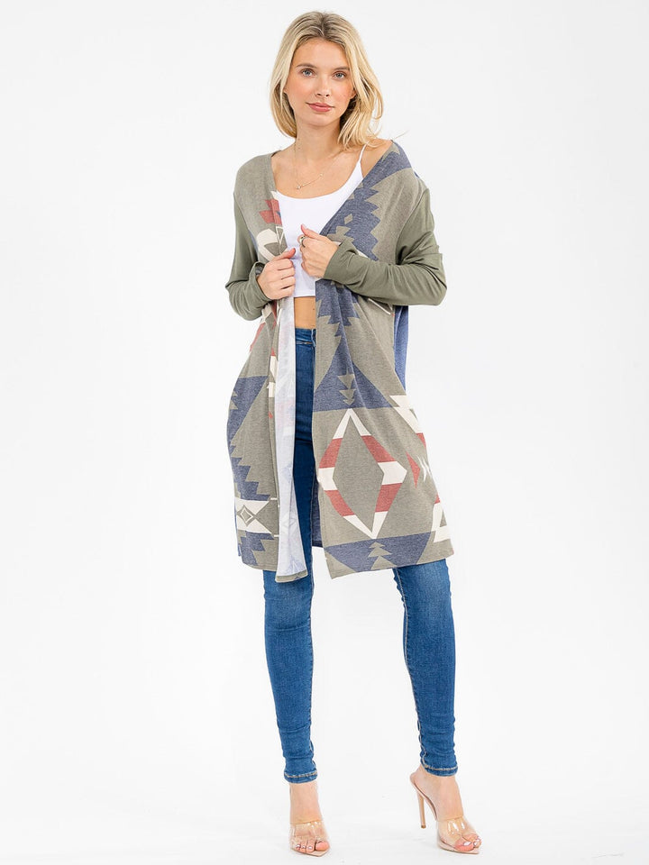 WOMEN'S LONG SLEEVE OPEN FRONT POCKETS MULTI PRINT CARDIGAN