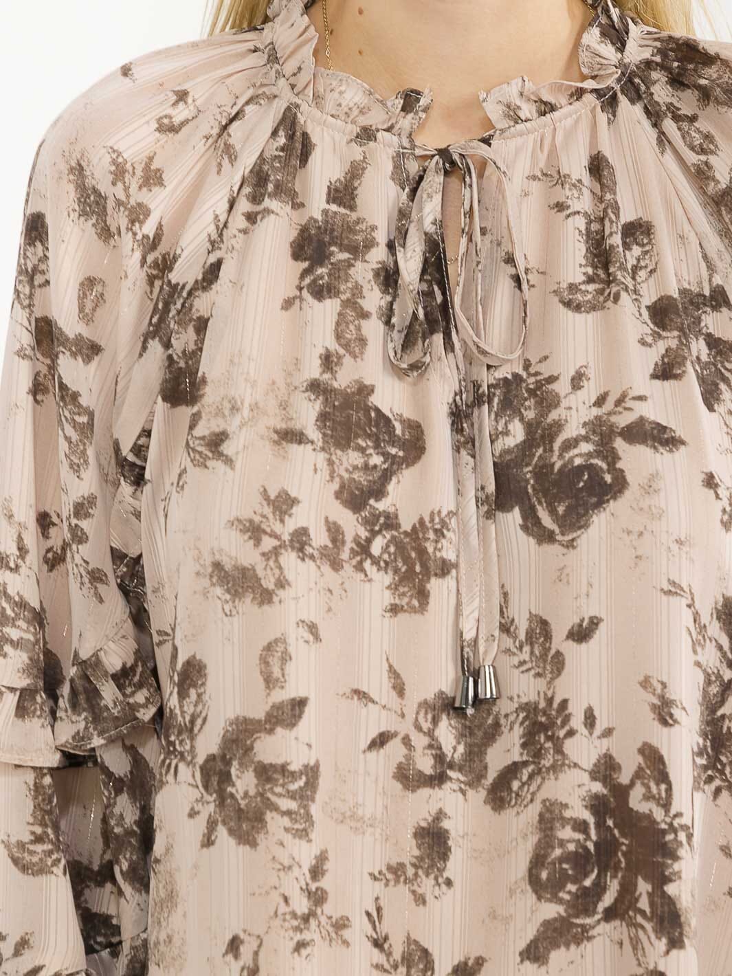 WOMEN'S LONG SLEEVE V-NECK RUFFLE FLORAL PRINT SHIMMER BLOUSE