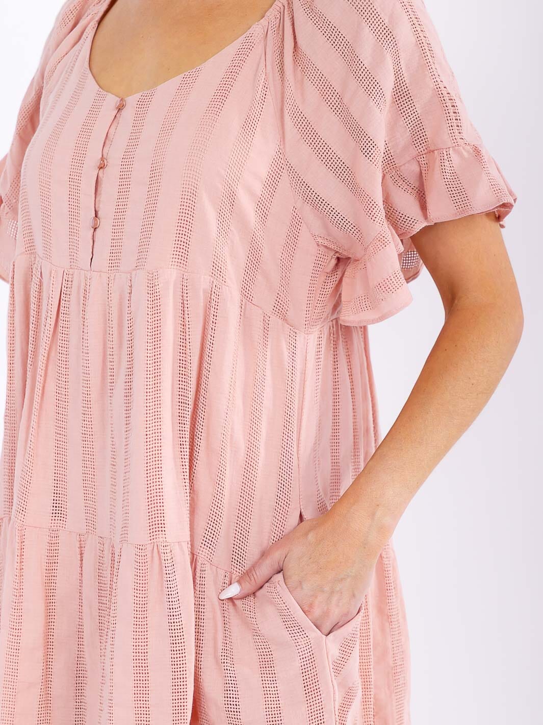 WOMEN'S SHORT RUFFLE SLEEVE FRONT POCKETS LOOSE FIT TIERED MINI DRESS