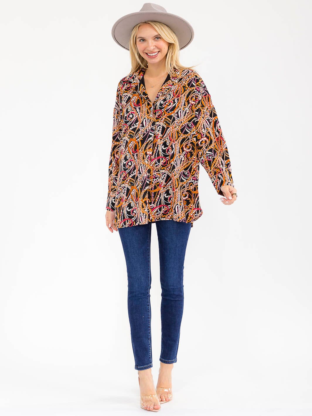 WOMEN'S LONG SLEEVE BUTTON UP V-NECK MULTI PRINT BLOUSE