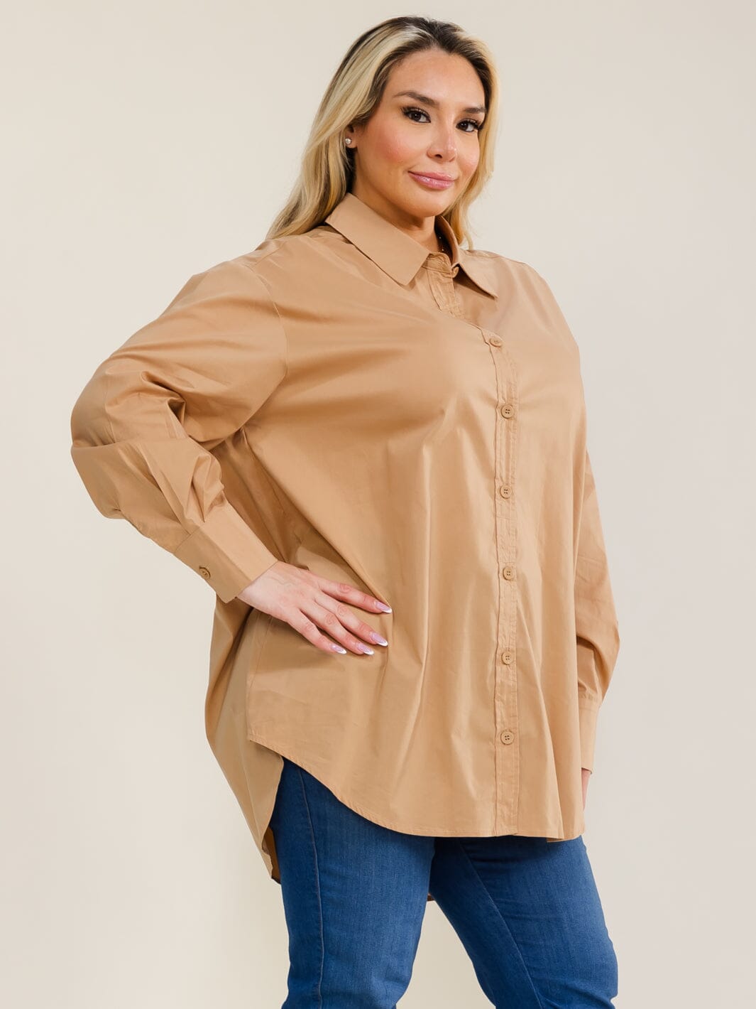 ENTRO PLUS SIZE LONG SLEEVE BUTTON UP HIGH-LOW SOLID SHIRT