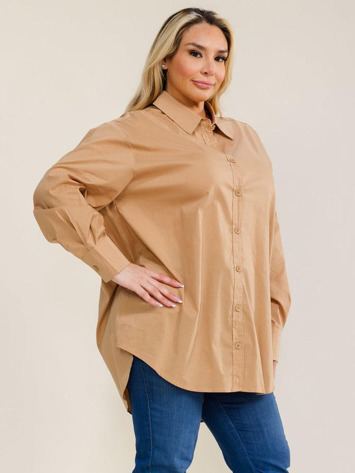 ENTRO PLUS SIZE LONG SLEEVE BUTTON UP HIGH-LOW SOLID SHIRT