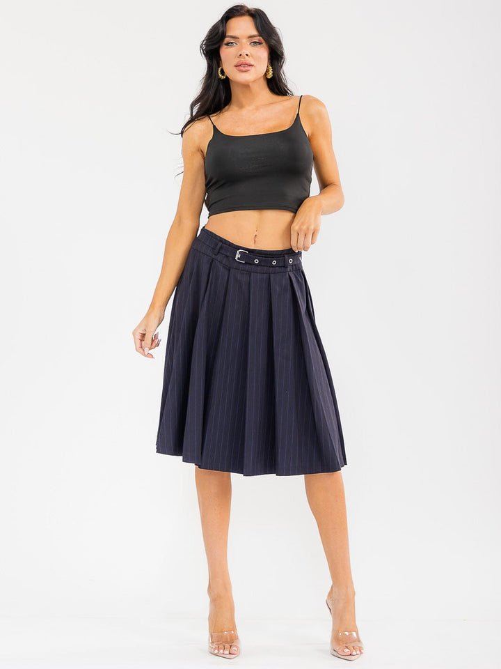 WOMEN'S ZIPPER CLOSURE BELTED PLEATED MIDI SKIRT