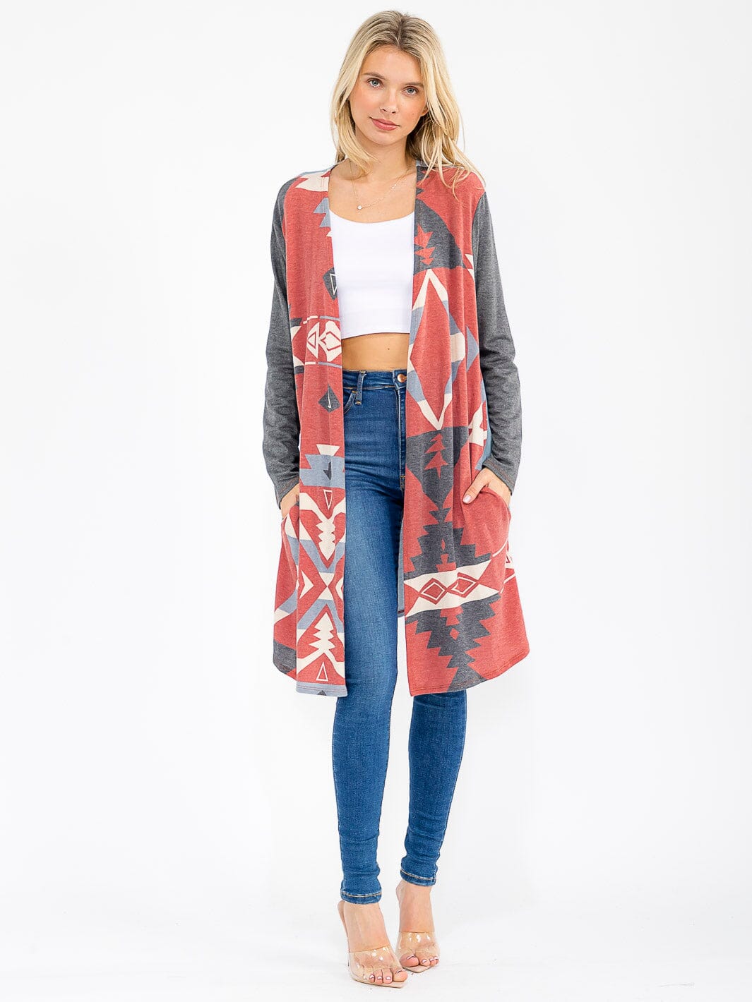WOMEN'S LONG SLEEVE OPEN FRONT POCKETS MULTI PRINT CARDIGAN
