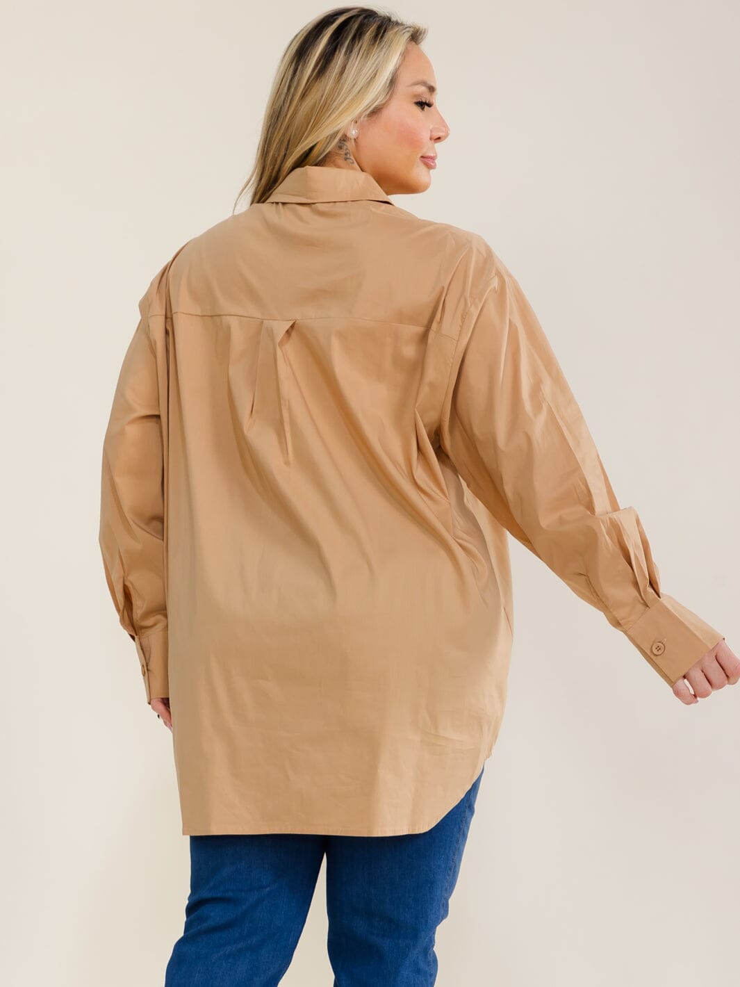 ENTRO PLUS SIZE LONG SLEEVE BUTTON UP HIGH-LOW SOLID SHIRT