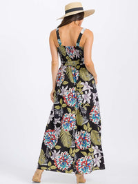 WOMEN'S SLEEVELESS BUTTON UP SMOCK SELF TIE FLORAL MAXI DRESS