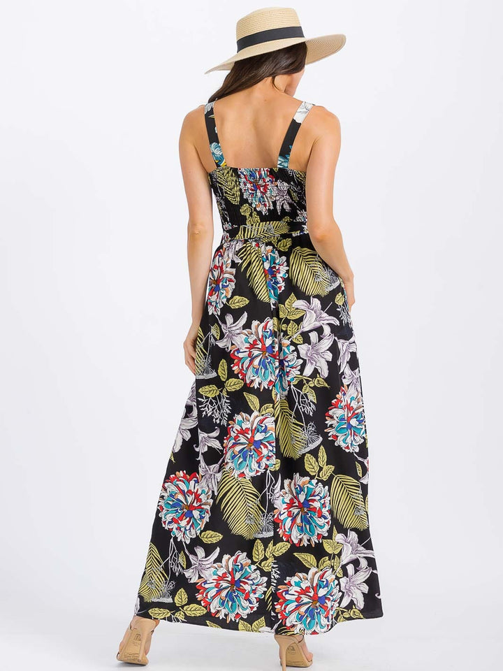 WOMEN'S SLEEVELESS BUTTON UP SMOCK SELF TIE FLORAL MAXI DRESS