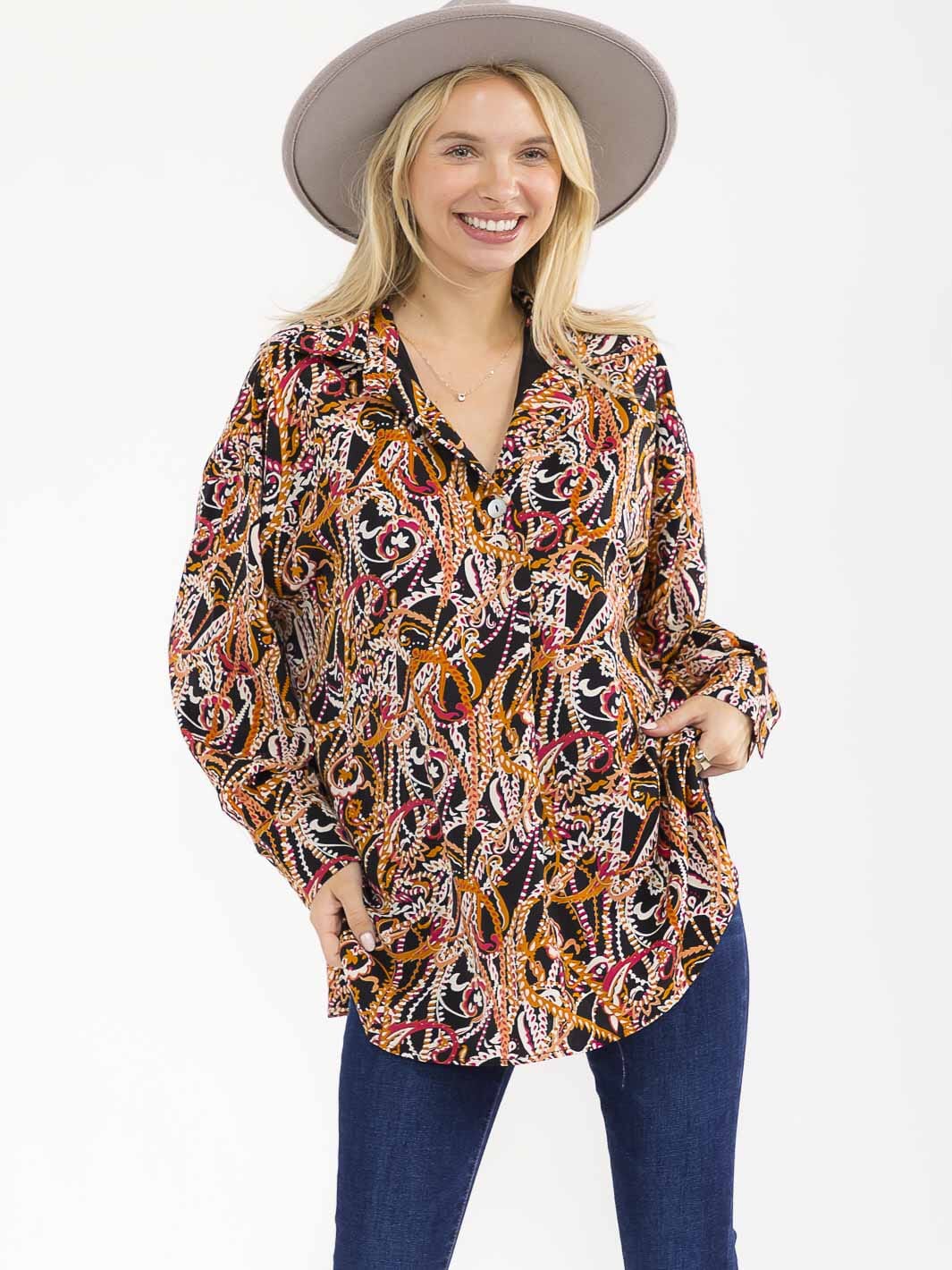 WOMEN'S LONG SLEEVE BUTTON UP V-NECK MULTI PRINT BLOUSE