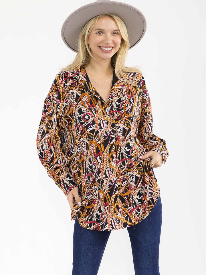 WOMEN'S LONG SLEEVE BUTTON UP V-NECK MULTI PRINT BLOUSE
