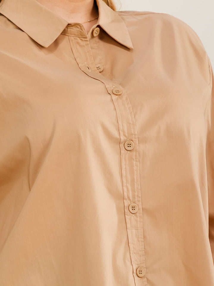 ENTRO PLUS SIZE LONG SLEEVE BUTTON UP HIGH-LOW SOLID SHIRT