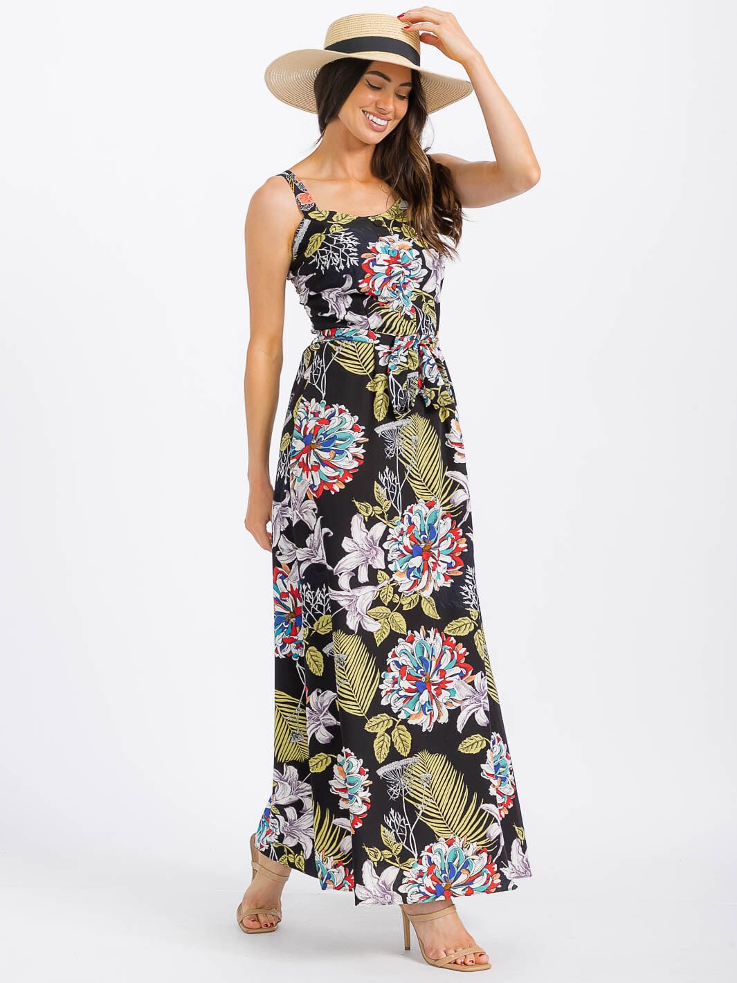WOMEN'S SLEEVELESS BUTTON UP SMOCK SELF TIE FLORAL MAXI DRESS