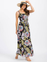 WOMEN'S SLEEVELESS BUTTON UP SMOCK SELF TIE FLORAL MAXI DRESS