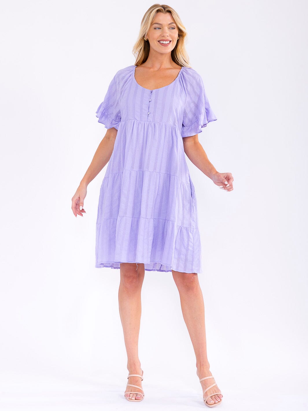 WOMEN'S SHORT RUFFLE SLEEVE FRONT POCKETS LOOSE FIT TIERED MINI DRESS