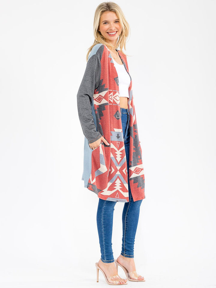 WOMEN'S LONG SLEEVE OPEN FRONT POCKETS MULTI PRINT CARDIGAN