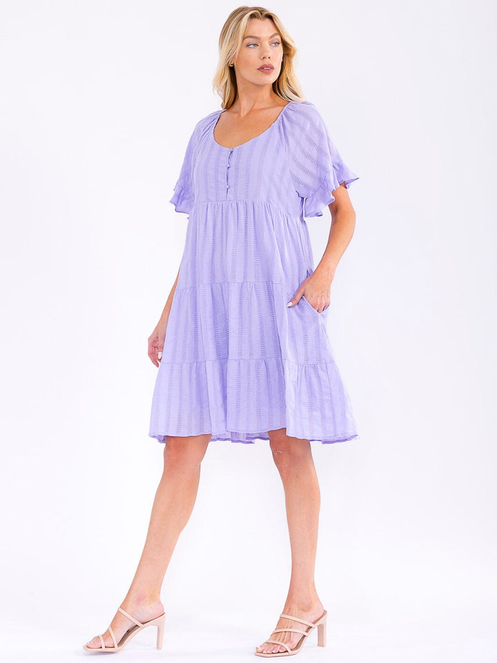 WOMEN'S SHORT RUFFLE SLEEVE FRONT POCKETS LOOSE FIT TIERED MINI DRESS