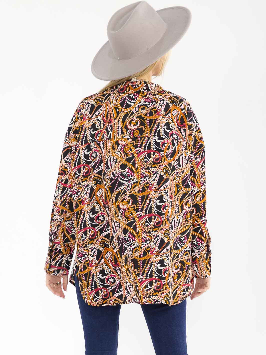 WOMEN'S LONG SLEEVE BUTTON UP V-NECK MULTI PRINT BLOUSE