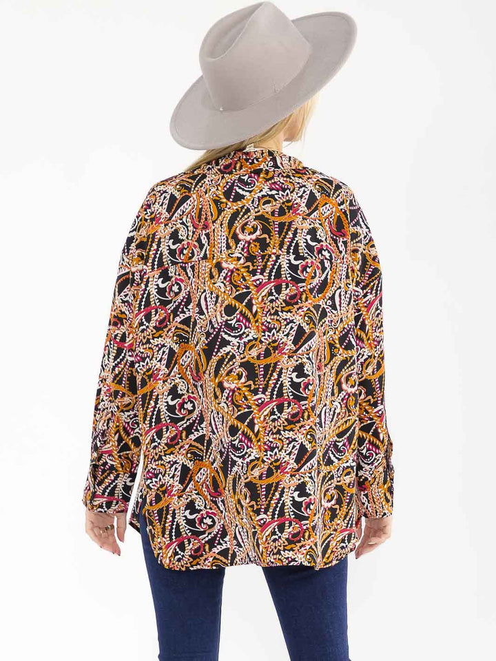WOMEN'S LONG SLEEVE BUTTON UP V-NECK MULTI PRINT BLOUSE