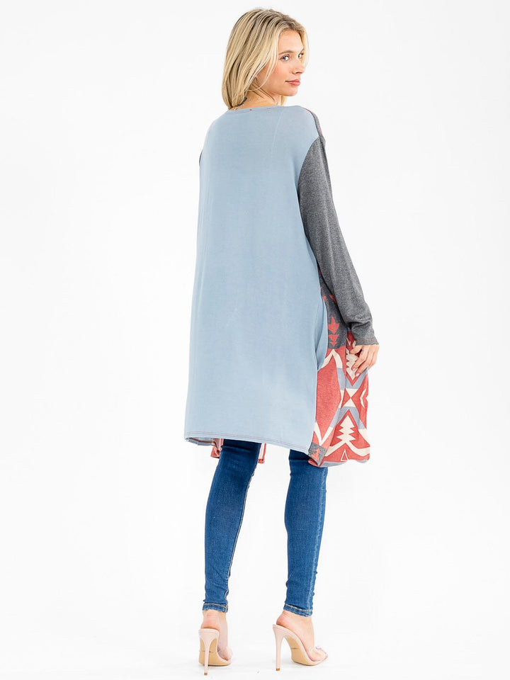 WOMEN'S LONG SLEEVE OPEN FRONT POCKETS MULTI PRINT CARDIGAN