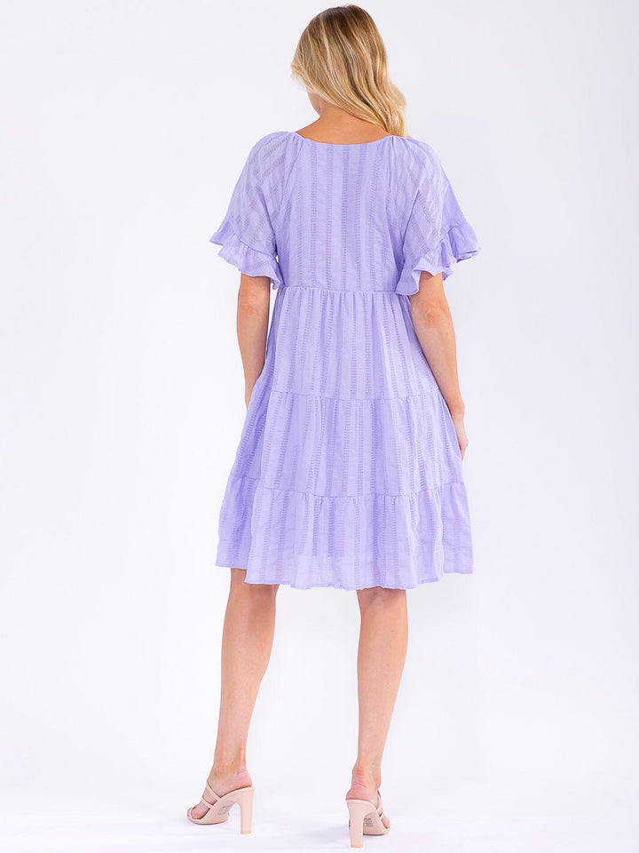 WOMEN'S SHORT RUFFLE SLEEVE FRONT POCKETS LOOSE FIT TIERED MINI DRESS