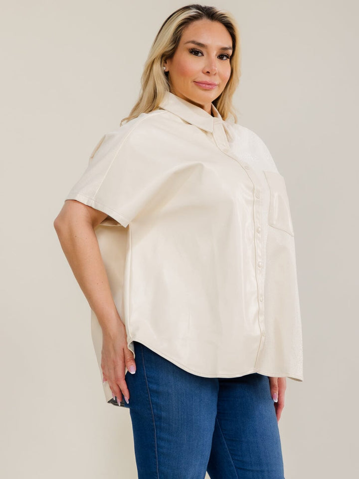 ENTRO PLUS SIZE SHORT SLEEVE BUTTON UP FRONT POCKET PU CONTRAST BLOUSE