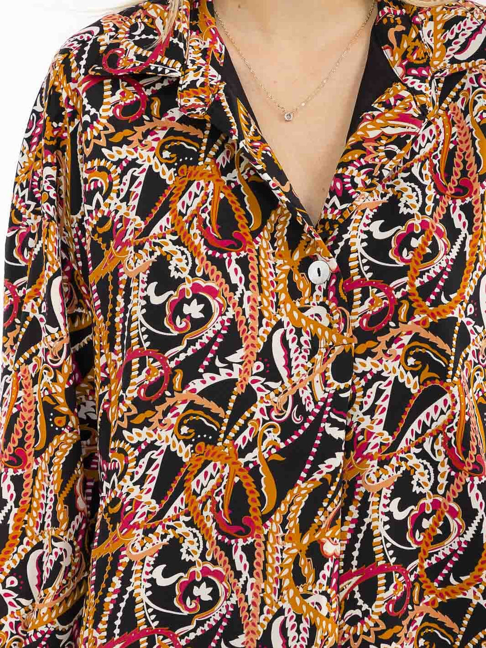 WOMEN'S LONG SLEEVE BUTTON UP V-NECK MULTI PRINT BLOUSE