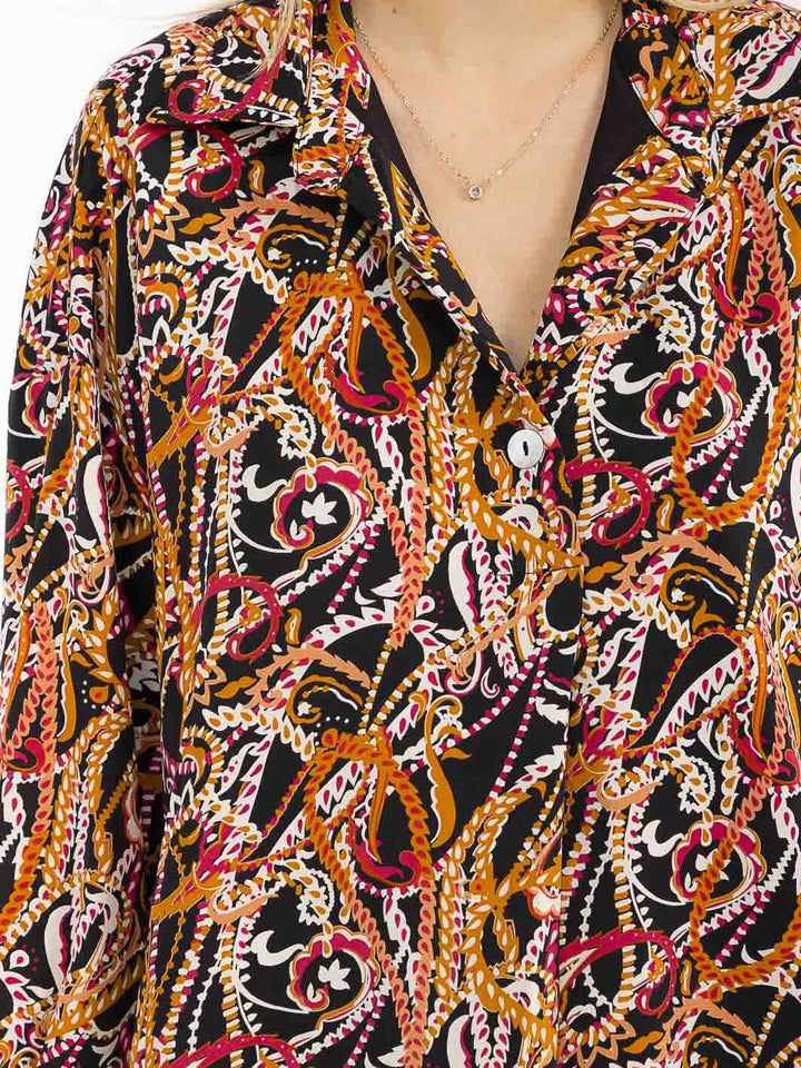 WOMEN'S LONG SLEEVE BUTTON UP V-NECK MULTI PRINT BLOUSE