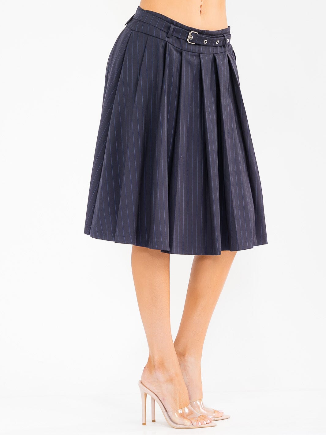 WOMEN'S ZIPPER CLOSURE BELTED PLEATED MIDI SKIRT