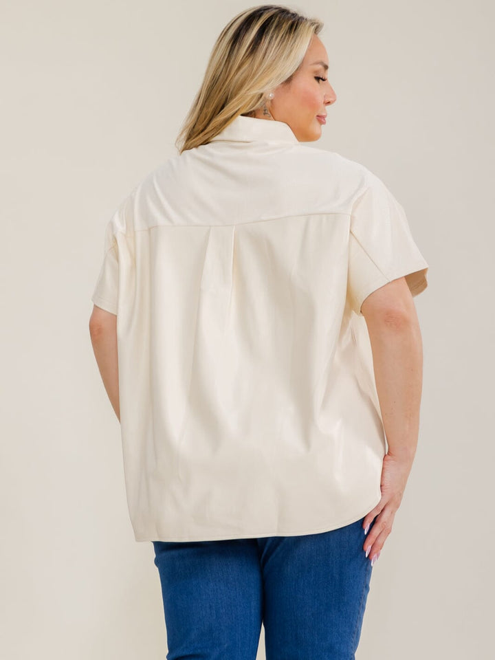 ENTRO PLUS SIZE SHORT SLEEVE BUTTON UP FRONT POCKET PU CONTRAST BLOUSE