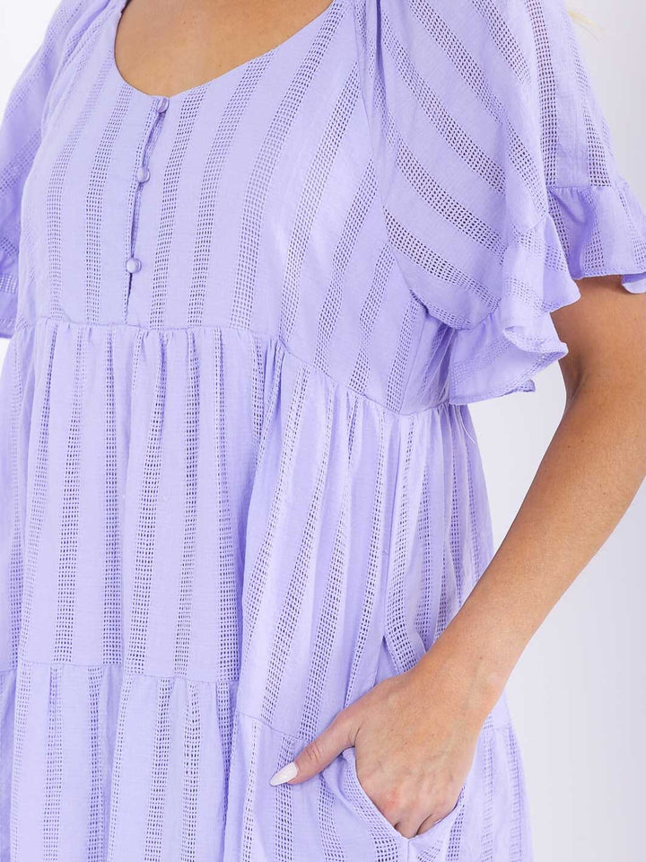 WOMEN'S SHORT RUFFLE SLEEVE FRONT POCKETS LOOSE FIT TIERED MINI DRESS