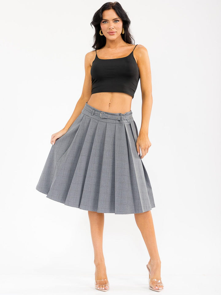 WOMEN'S ZIPPER CLOSURE BELTED PLEATED MIDI SKIRT