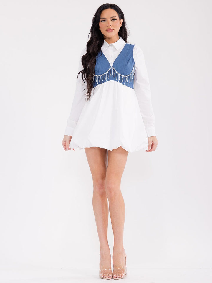 WOMEN'S LONG SLEEVE BUTTON UP FRONT POCKETS DENIM CONTRAST MINI DRESS