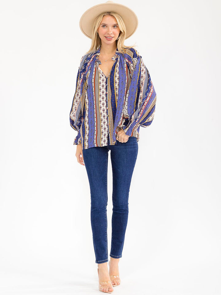 WOMEN'S LONG SLEEVE BUTTON UP V-NECK MULTI PRINT BLOUSE