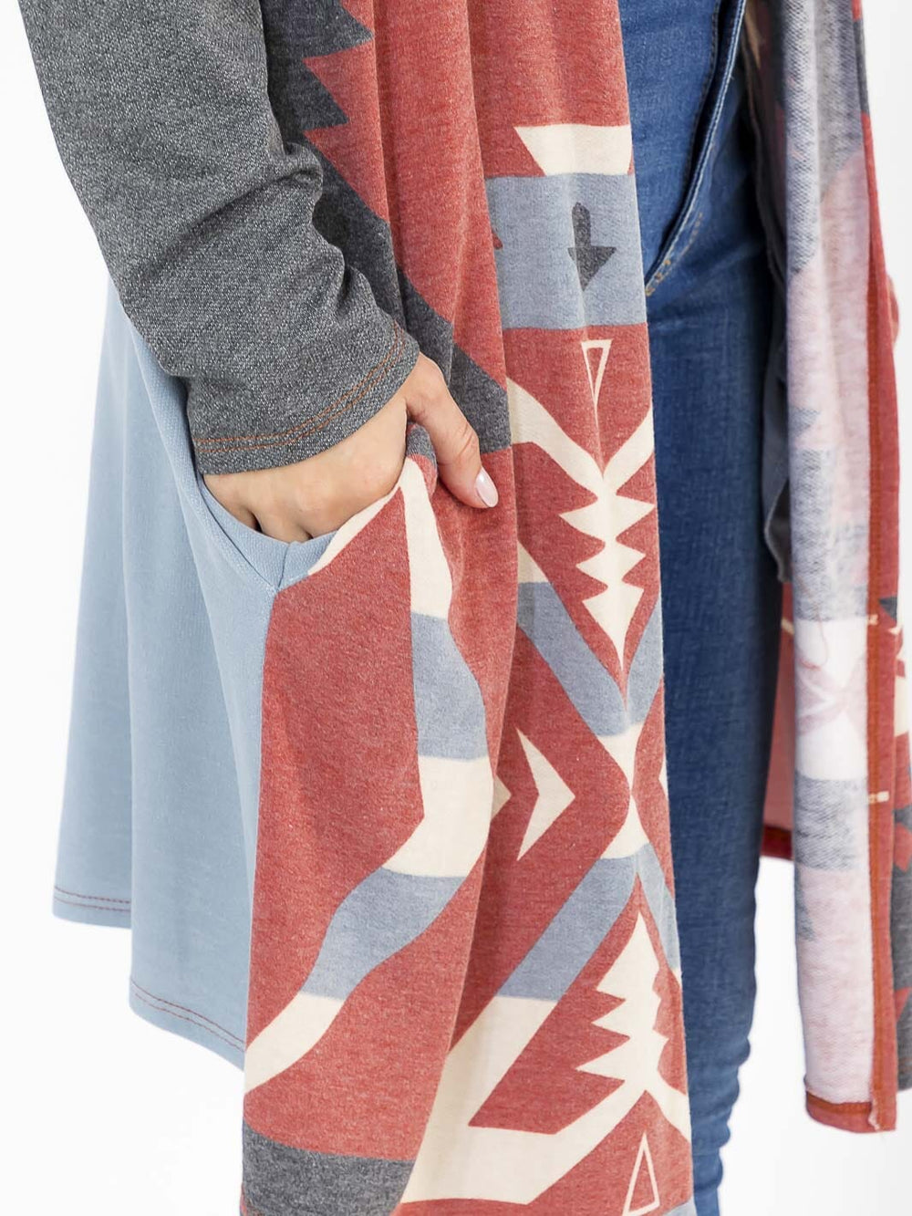 WOMEN'S LONG SLEEVE OPEN FRONT POCKETS MULTI PRINT CARDIGAN