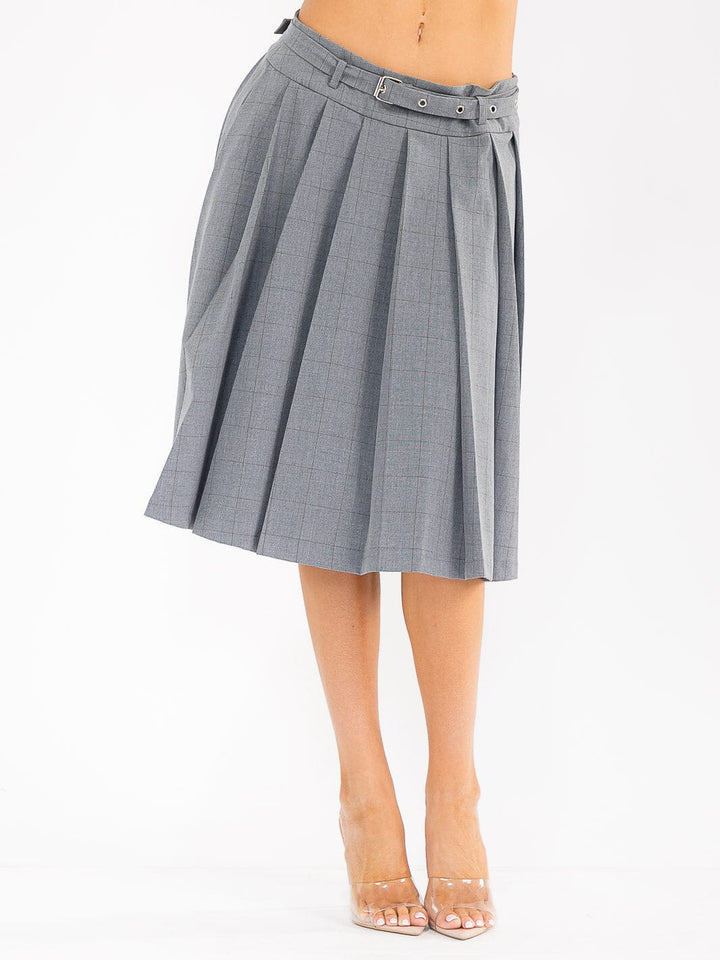 WOMEN'S ZIPPER CLOSURE BELTED PLEATED MIDI SKIRT