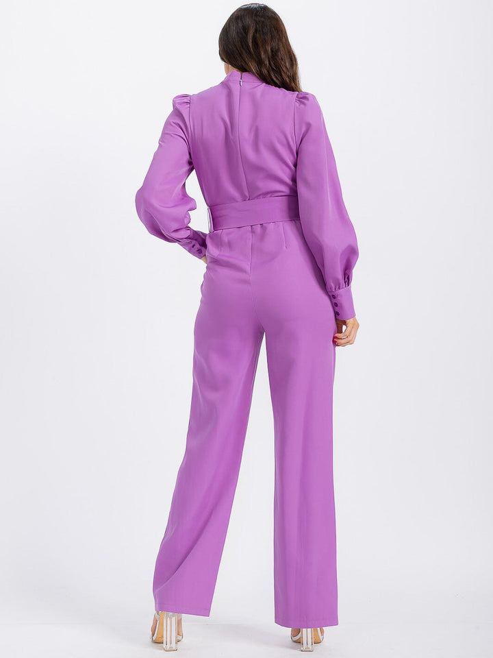 WOMEN'S LONG SLEEVE POCKETS CUT OUT BELTED WIDE LEG JUMPSUIT