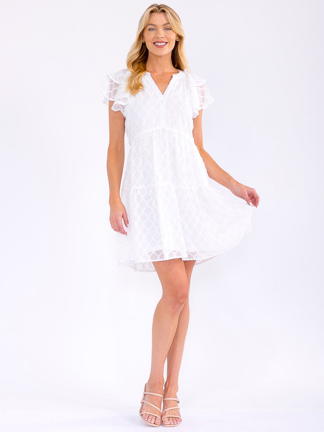 WOMEN'S SHORT RUFFLE SLEEVE V-NECK BUTTON UP DETAILED MINI DRESS