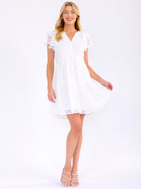 WOMEN'S SHORT RUFFLE SLEEVE V-NECK BUTTON UP DETAILED MINI DRESS