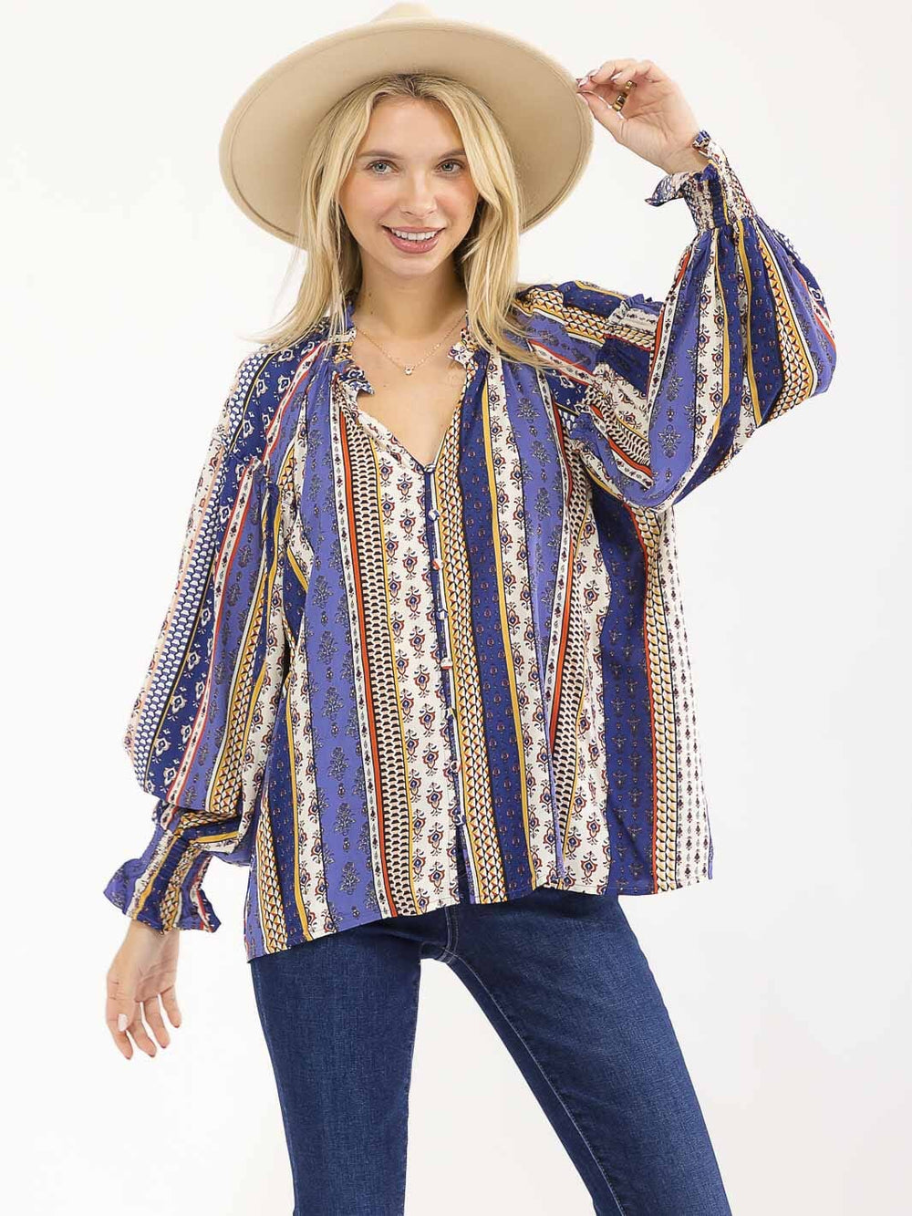 WOMEN'S LONG SLEEVE BUTTON UP V-NECK MULTI PRINT BLOUSE
