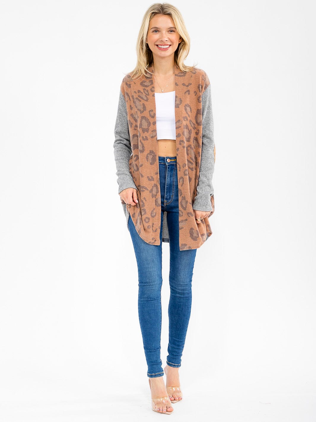 WOMEN'S LONG SLEEVE POCKETS OPEN FRONT ANIMAL PRINT CARDIGAN
