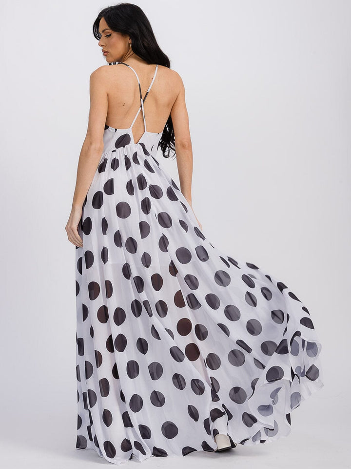 WOMEN'S SLEEVELESS OPEN BACK FLOWER DETAILED POLKA DOTS MAXI DRESS