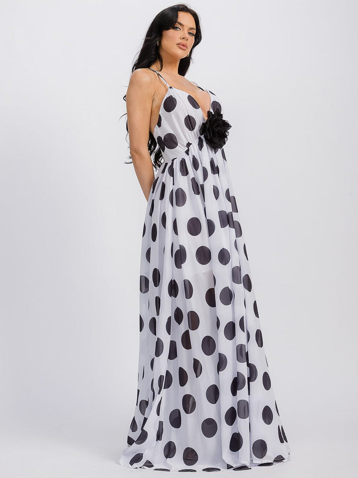 WOMEN'S SLEEVELESS OPEN BACK FLOWER DETAILED POLKA DOTS MAXI DRESS